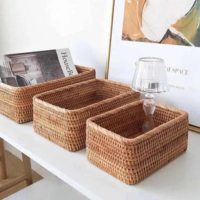 Cesto Organizador de Palha Rattan Feito à Mão para Decoração Natural