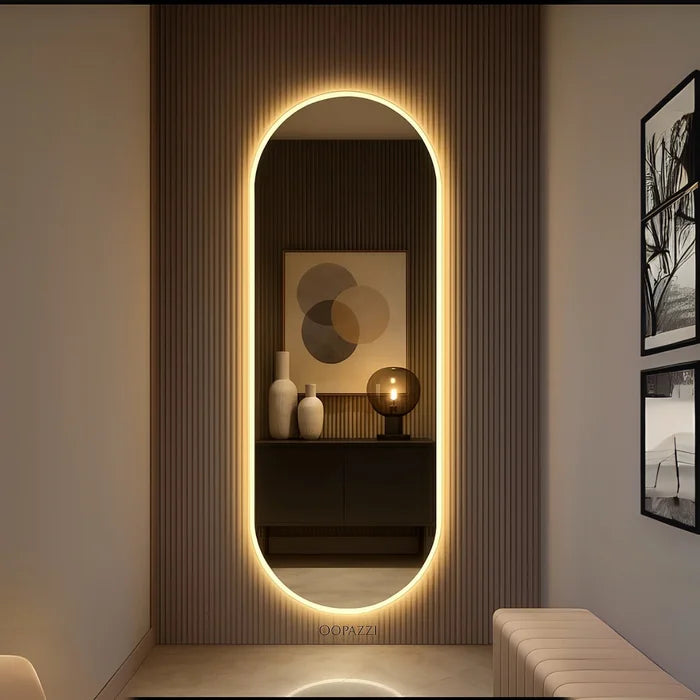 Espelho Grande Corpo Inteiro Lapidado S/moldura Designer Oval 150x40cm Luxo com Led Fria/quente