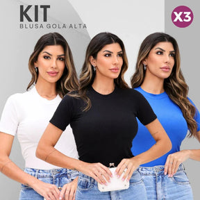 Kit com 3 Blusas Femininas Gola Alta