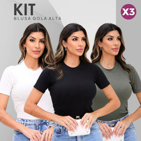 Kit com 3 Blusas Femininas Gola Alta