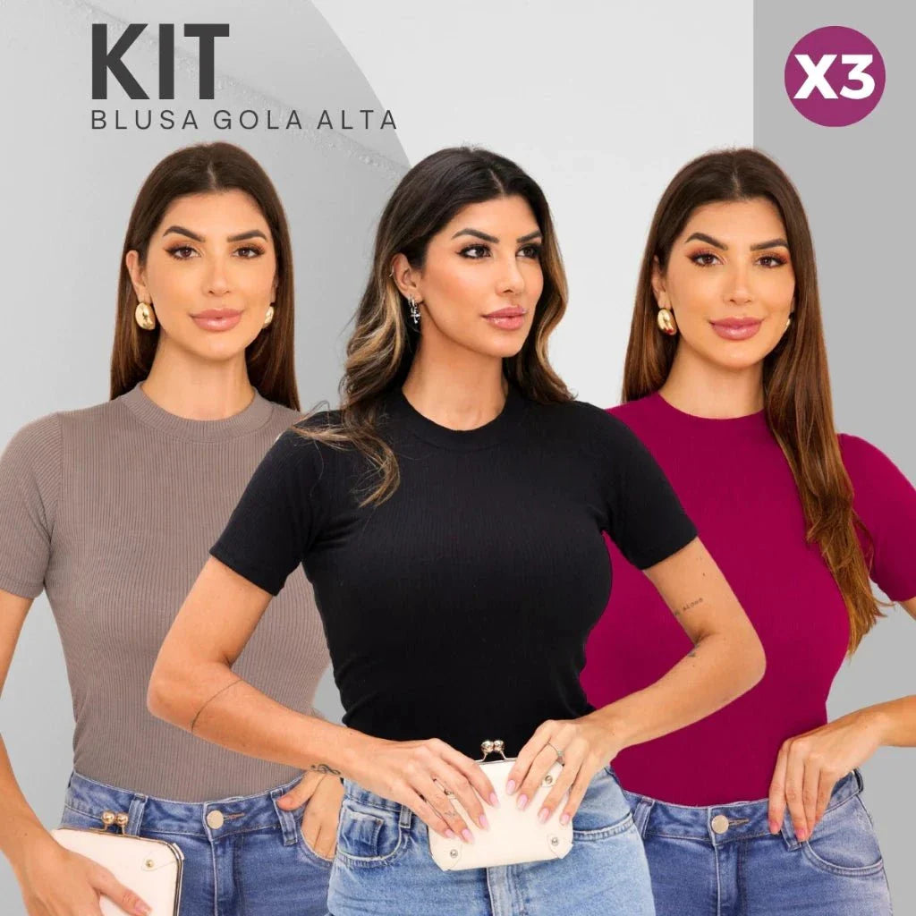 Kit com 3 Blusas Femininas Gola Alta