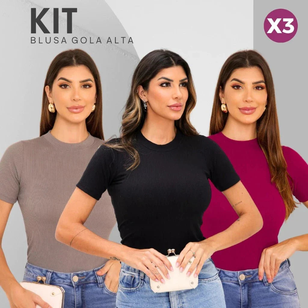 Kit com 3 Blusas Femininas Gola Alta