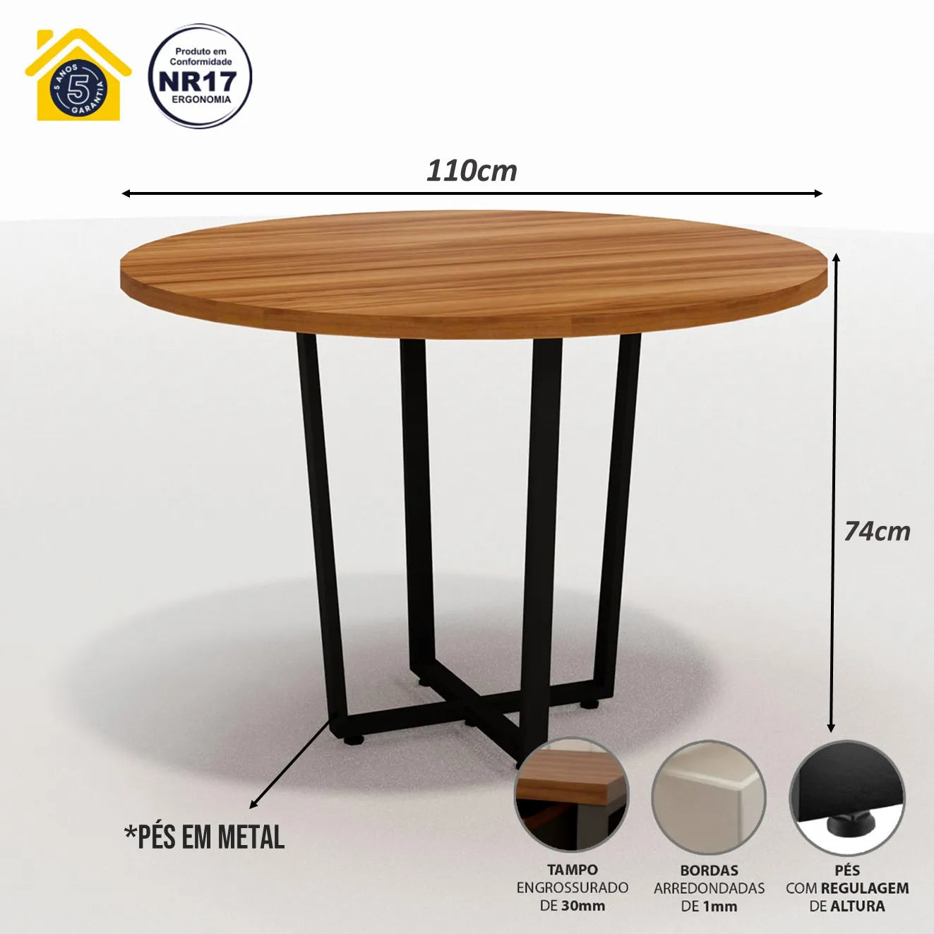 Mesa de Reunião Industrial Redonda 110cm Pés em Metal